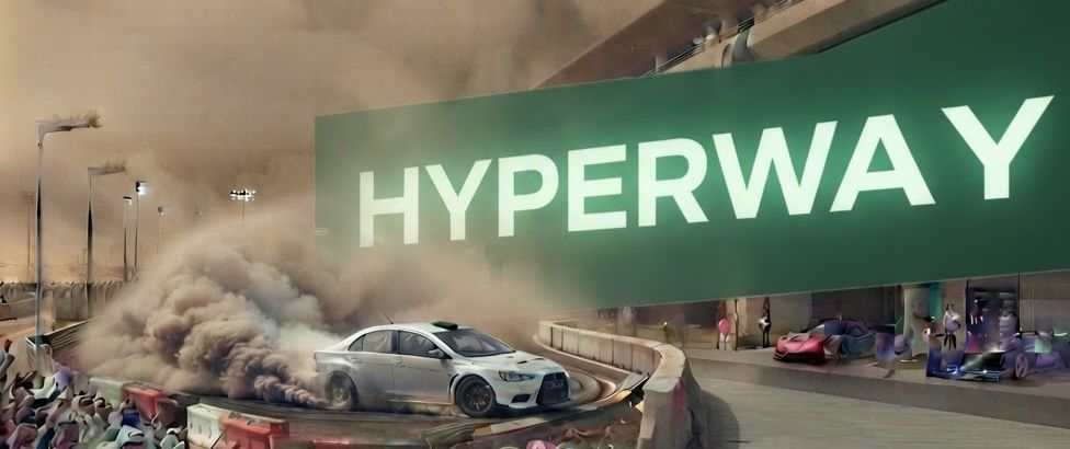 Hyperway motorsport campaign featuring a drifting performance car